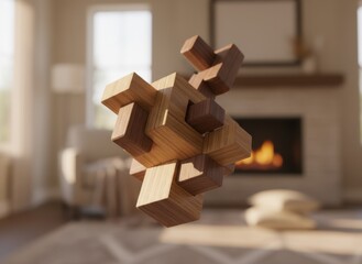 Abstract wooden sculpture with warm light and fireplace in cozy living room