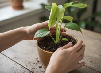 Hands Gently Tending To A Young Green Plant In A Textured Brown Pot On A Rustic Wooden Table