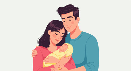 Obraz premium Cartoon-style illustration of new parents lovingly embracing their newborn baby, wrapped in a soft yellow blanket, conveying warmth, family, and new life. Vector graphic with flat design.