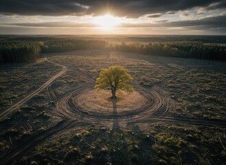 Lone Oak Tree Stands Tall Amidst Cleared Forest Landscape Under Golden Sunset With Dramatic Clouds Overhead