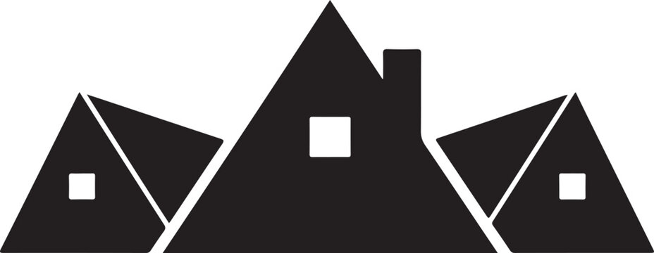 Black silhouette of three houses with triangular roofs and white windows