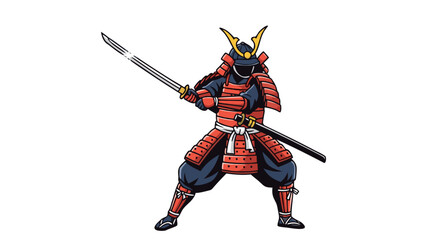 Obraz premium Warrior in traditional red and black samurai armor brandishing a gleaming katana sword in a ready stance