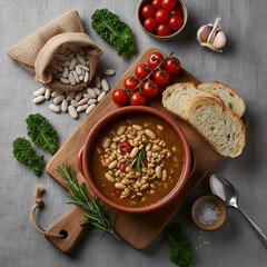 Rustic White Bean Soup with Bread and Fresh Ingredients