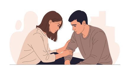 Obraz premium An illustration depicts a woman comforting a distressed man by gently placing her hands on his arm, conveying empathy, understanding, and support during a difficult time.