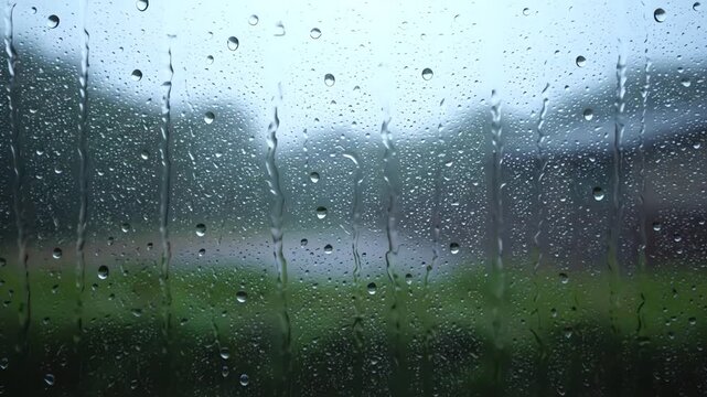 Close-up through a wet window; raindrops and water streaks obscure the view of greenery on the other side