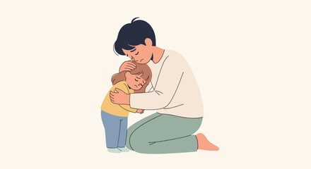 A tender illustration of a father comforting his young daughter with a hug, showing a scene of love, support, and reassurance in a soft color palette.