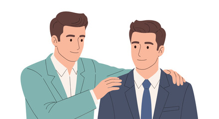 Obraz premium Illustration of two businessmen. One is comforting the other with a hand on his shoulder, conveying support and empathy. Isolated on white background.