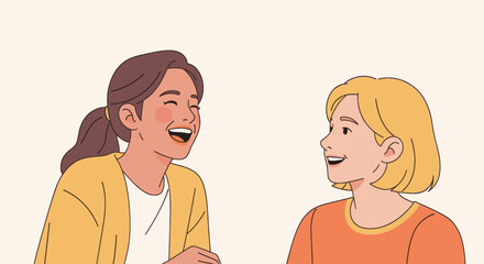 Obraz premium Two young women, drawn in a simple, modern style, are laughing and engaged in conversation against a neutral background, conveying joy and connection.