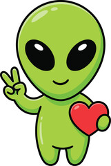 Cute Green Alien with Heart and Peace Sign Vector Illustration for Fun, Love, and Sci-Fi Designs