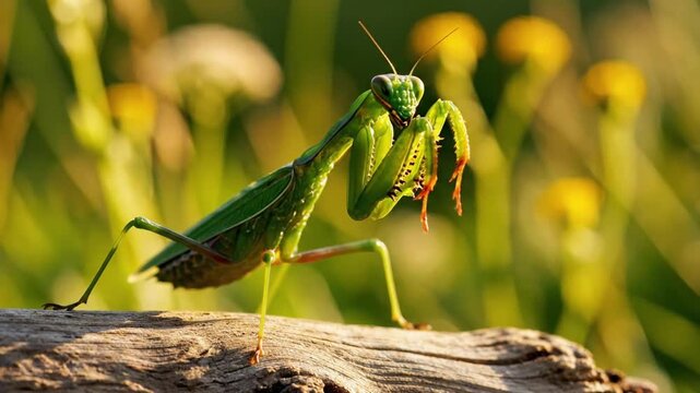 Close view of a green praying mantis in a field during daytime with flowers in the background
