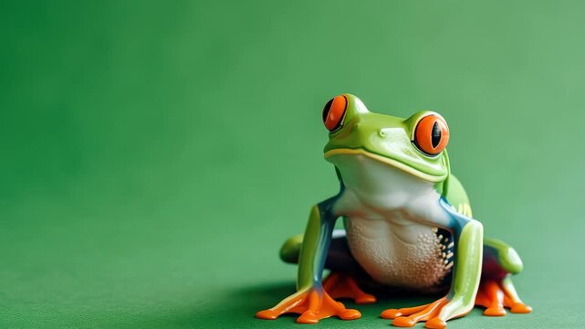 Green tree frog sitting on a green surface