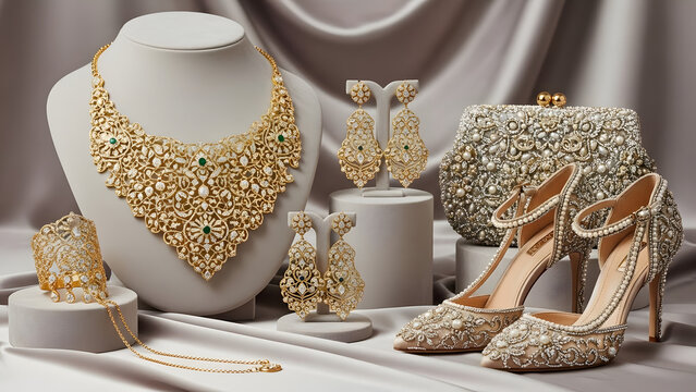 Exquisite Gold and White Stone Bridal Jewelry Set Display on Studio Stand - Choker Necklace, Earrings, Bracelet, Clutch Bag and Beaded Wedding High Heels
