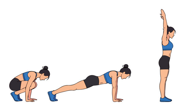 Burpee Workout Illustration: Female Fitness Exercise Steps
