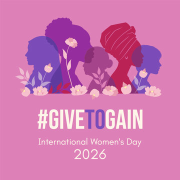 Hashtag give to gain international Womens Day 2026 banner or social media template. Female silhouettes with flower decor on pink background.