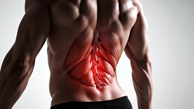 Anatomical Display Of Lower Back Muscles With Lumbar Spine Detail And Red Inflammation Highlights On Muscular Male Torso