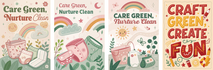 Fototapeta premium Colorful, playful illustrations promoting eco-friendly living and creativity.