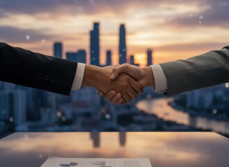 Two Businessmen Shaking Hands Firmly With a City Skyline at Sunset in the Background Overlooking a River With Document on Desk