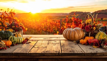 Autumn harvest spread on a wooden table overlooking vineyard at sunset