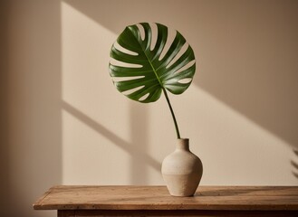 A single vibrant green Monstera leaf in a speckled ceramic vase on a rustic wooden table with soft window light casting shadows on a textured beige wall