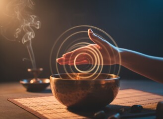 Holistic Healing Energy Flow Over Tibetan Singing Bowl with Smoke From Incense Holder Dramatic Lighting