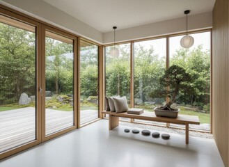 Serene Sunlit Room With Large Windows Overlooking Lush Greenery And A Bonsai Tree Display On A Wooden Bench