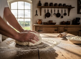 Man Kneading Dough in Rustic Kitchen Illuminated by Natural Sunlight Baking Preparation Flour Dusting Wooden Table Rolling Pin and Bowl Visible Countryside View Through Window