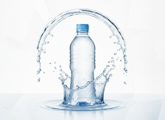 Clear Plastic Water Bottle with Blue Cap Surrounded by Dynamic Water Splash in Studio Lighting with White Background