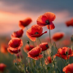 A beautiful field of red poppies glowing in the warm light of sunrise, with soft blurred background and vivid flower details. Calm and enchanting atmosphere.