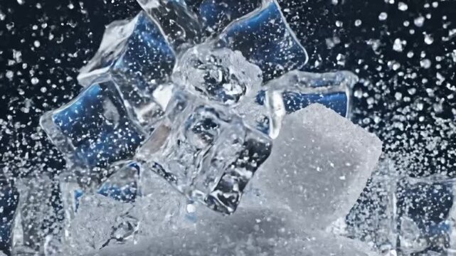 Ice cubes falling and splashing in a dark background with subtle highlights and reflections during a warm day in a kitchen