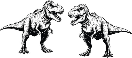 Black and white Tyrannosaurus rex dinosaur illustration, detailed vintage engraving style prehistoric predator isolated on white background vector clipart design © Ansarun