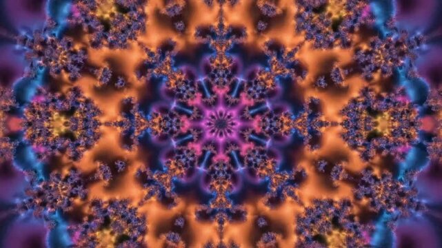 Colorful patterns form a mandala design with vibrant hues and shapes rotating in a circular motion