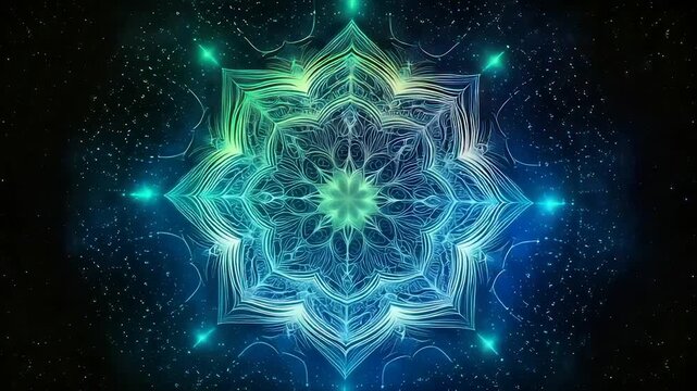 A neon-colored mandala blooms in a starry, gradient space