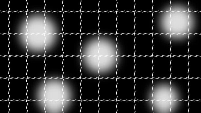 Abstract white glowing orbs on black background with gray dashed geometric grid pattern motion loop