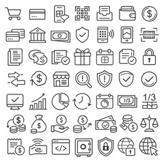 Fototapeta premium Collection of simple line icons representing financial and security concepts on a clean background from a straightforward viewpoint