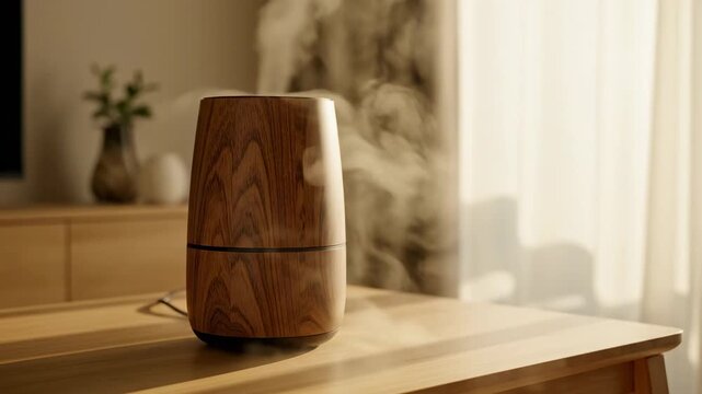 Modern wooden essential oil diffuser emitting a gentle mist in a sunlit room