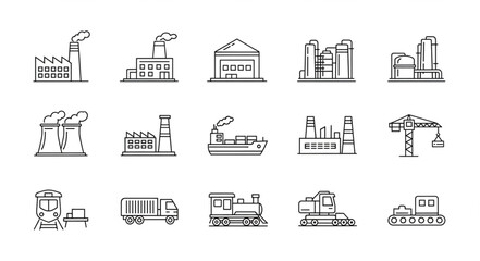 Industrial and transportation icons depicting factories, ships, and vehicles for commerce. © Reza