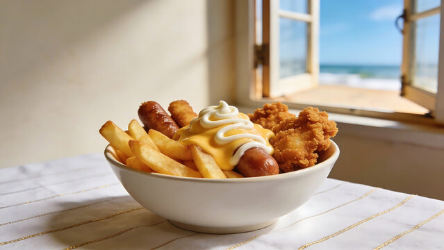 french fries, sausage and chicken karage in a white bowl
