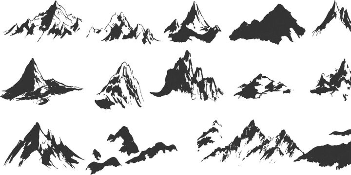  Mountain set silhouette clip art drawing nature sketch white background. Detailed illustration of a towering mountain range with rocky terrain and sharp peaks. 