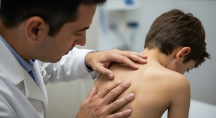 Fototapeta premium Male pediatrician or orthopedist examining a young boy's back and posture during a medical checkup in a clinic.
