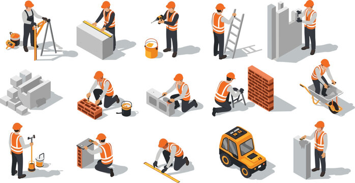 Isometric Construction Worker Character Set with Builders Masons and Laborers Using Tools Ladders and Wheelbarrows for Industrial Safety and Building Site Graphic Illustrations