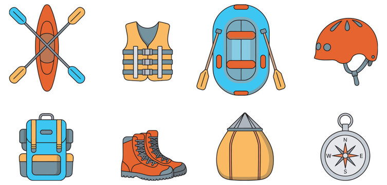 Outdoor Adventure Gear Collection for Kayaking and Hiking, Camping and Water Sports Equipment, Backpack, Helmet, Life Vest, Compass, Oars, Shoes Vector Set