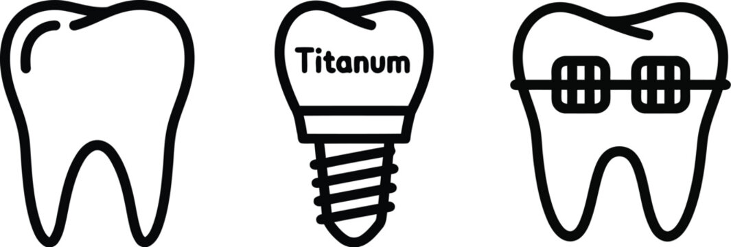 Vector of Dental implant tooth with braces and healthy tooth icons