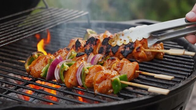 Grilling chicken skewers with vegetables over open flames in a backyard setup on a sunny day