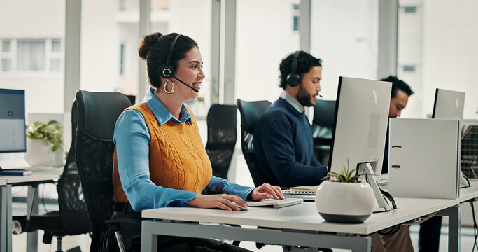 Computer, contact us and happy woman in call center for help desk, technical support or coworking. Smile, hotline or consultant with technology for customer service, IT solution or network connection