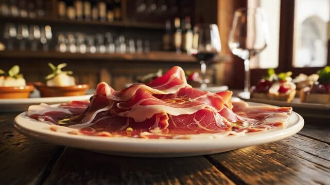 Close-up shot of a plate of thinly sliced cured ham, olive oil, and tapas on a wooden table, cafe