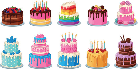 Set of Gourmet Celebration Cakes with Multi-Tiered Birthday Cakes Chocolate Drip Frosting and Rainbow Layers for Bakery Branding Party Invitations and Dessert Graphic Illustrations © Roni