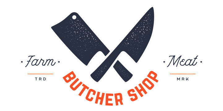 Butcher knives sign. Meat symbol, meat label collection for professional branding. Retro style typography. Butcher Knife. Butchery symbol, icon logo, sign signage. Vector Illustration