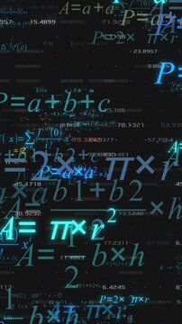math formulas animation with random numbers on background, concept of mathematical or scientific research, vertical video (3d render)