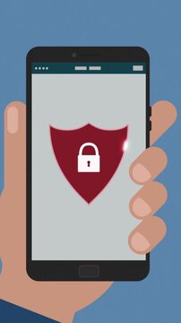 hand with a smartphone and a security app, concept of computer security and data protection, vertical video
