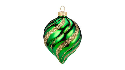 A single elegant green glass Christmas tree ornament with intricate swirling patterns of sparkling gold glitter against a dark black background expertly lit to 